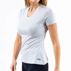 OOfos Women's COOl Down V Neck - Light Gray Heather -OOfos WhiteVNeck